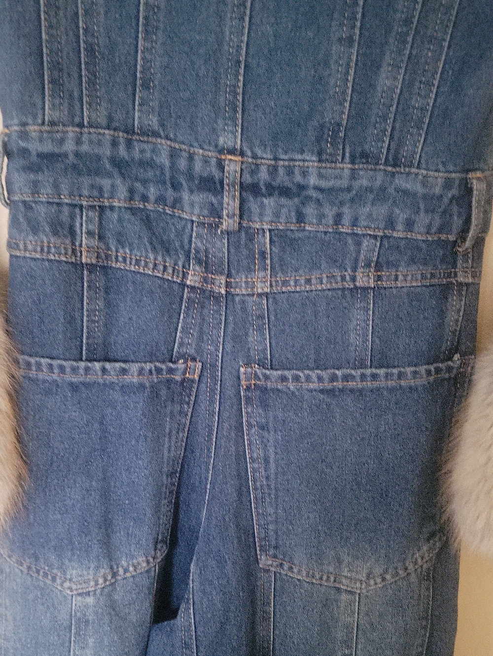 AKIRA Denim Wide-Leg Jumpsuit with Fur Trim - Dark Blue - Picture 10 of 12